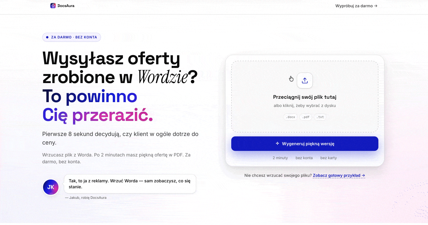 Demo DocsAura - wrzucasz plik, dostajesz piękną ofertę